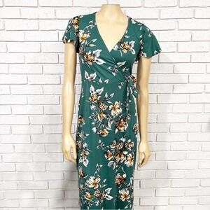 Fortune + Ivy Green Floral Wrap Midi Dress Spring Wedding Guest | Small